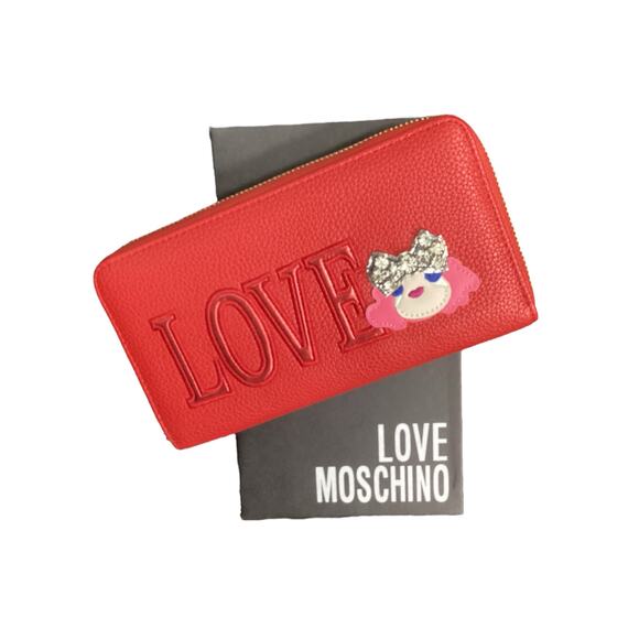 NWT Love Moschino Women’s Wallet Zipper Doll Face Decor Rhinestones Red - Picture 5 of 5